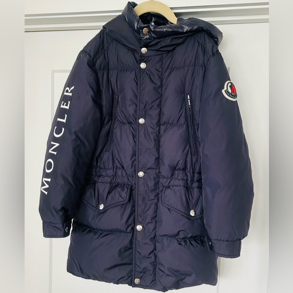 Moncler Kids Long Navy Hooded Puffer Coat (10Y)